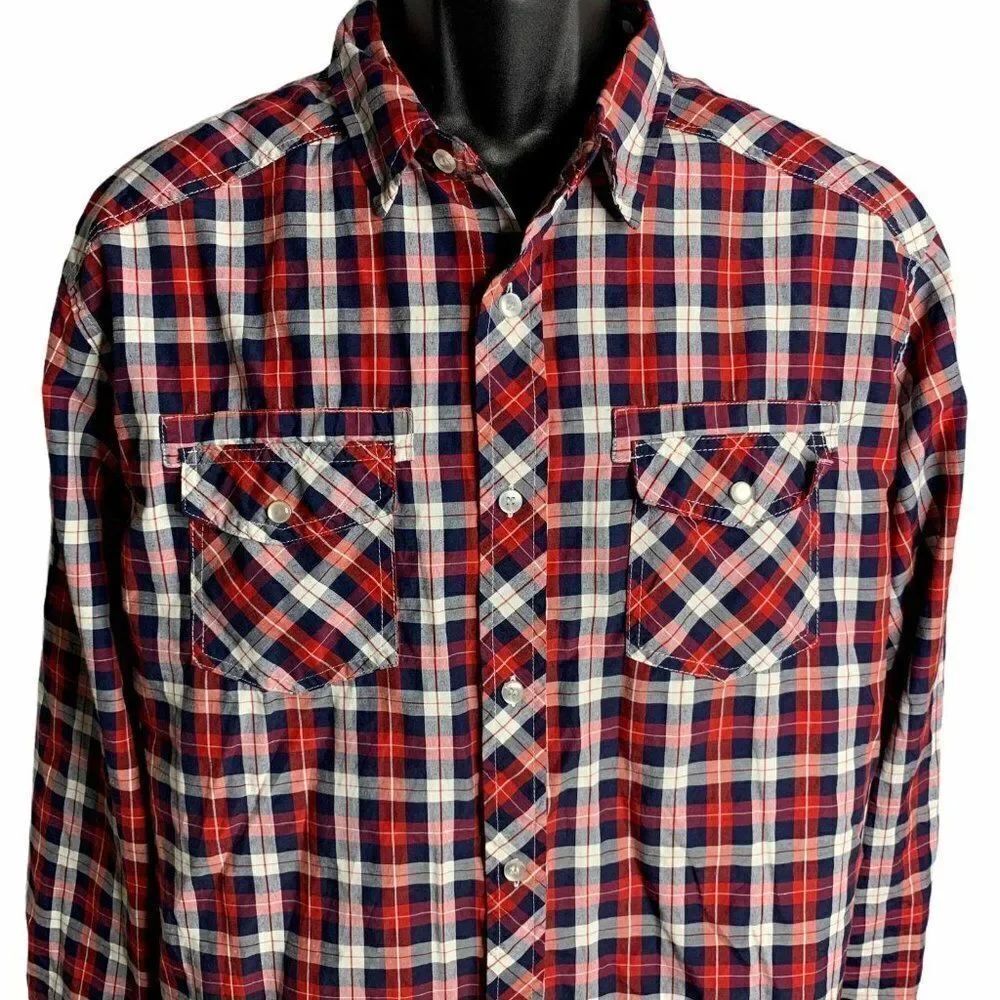 Straight Faded Plaid Button Up Shirt XL Red